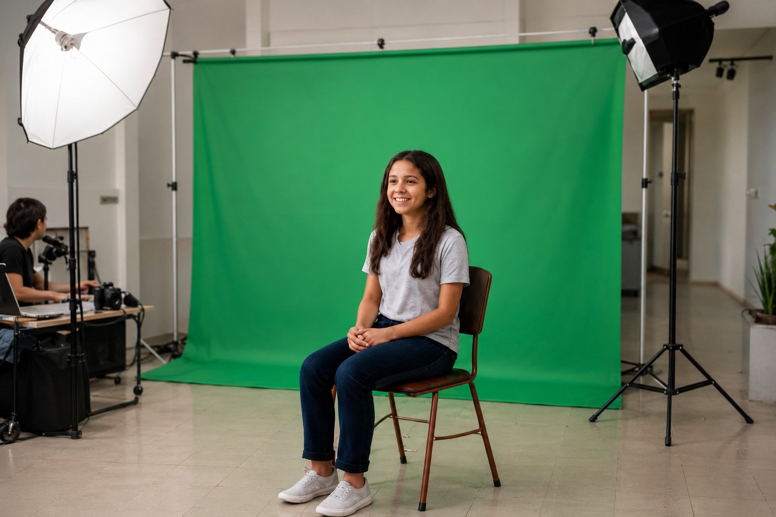 Estrutura com iluminação e fundo chroma montada dentro da escola